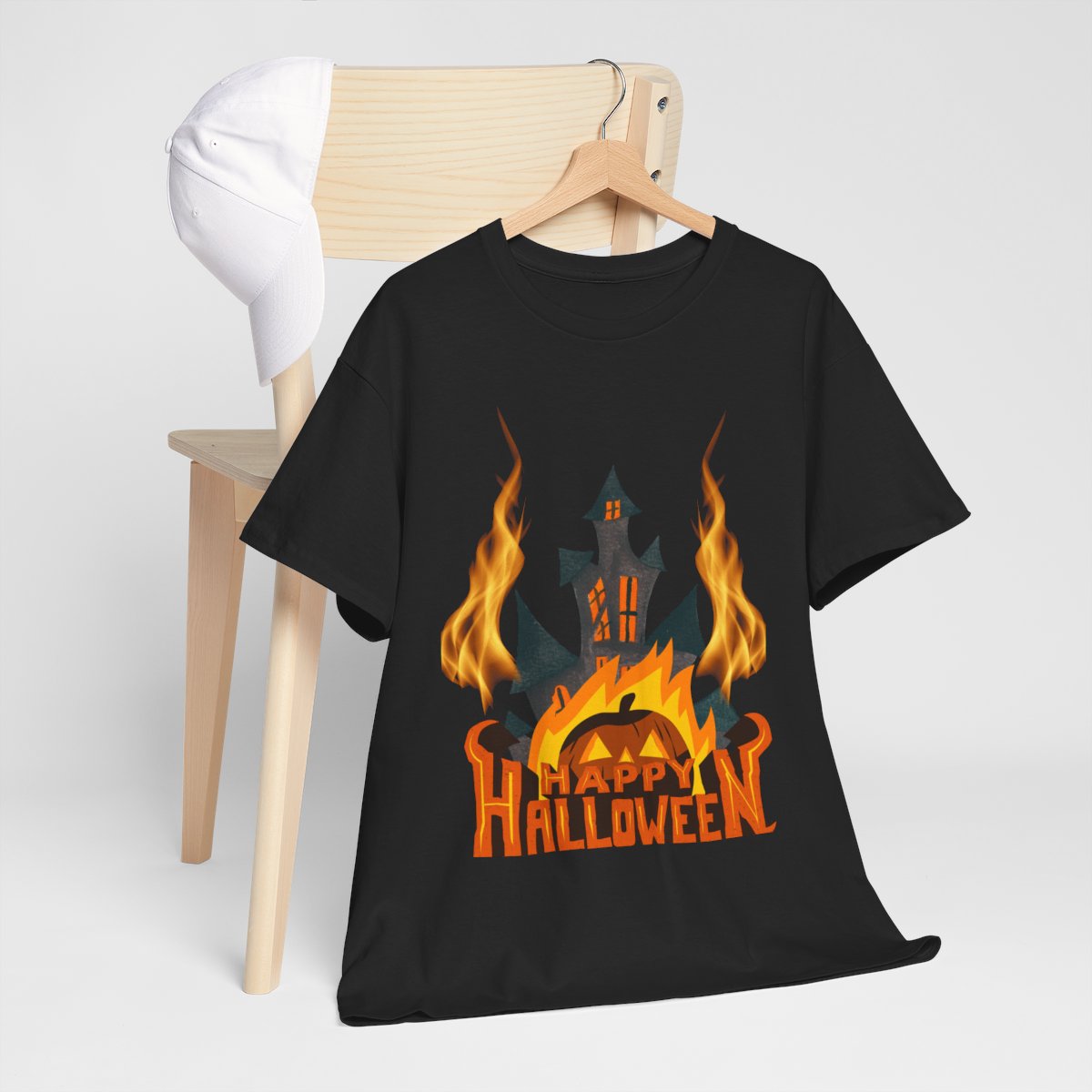 Happy Halloween Haunted House T-Shirt – Spooky Pumpkin & Flames Graphic Tee