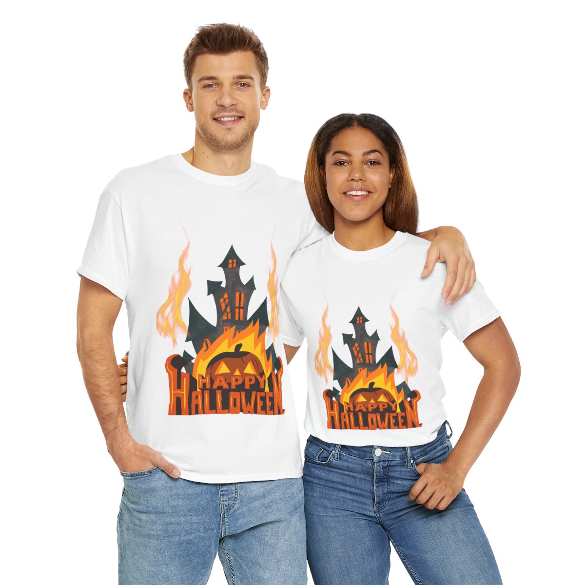 Happy Halloween Haunted House T-Shirt – Spooky Pumpkin & Flames Graphic Tee