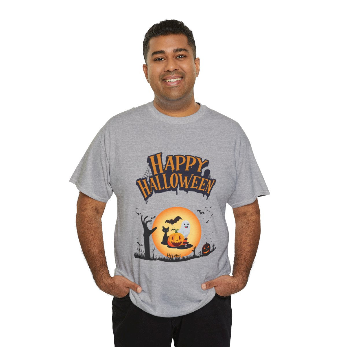 Happy Halloween Pumpkin & Moon T-Shirt – Spooky Unisex Graphic Tee for Trick-or-Trea