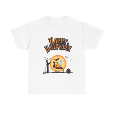 Happy Halloween Pumpkin & Moon T-Shirt – Spooky Unisex Graphic Tee for Trick-or-Trea