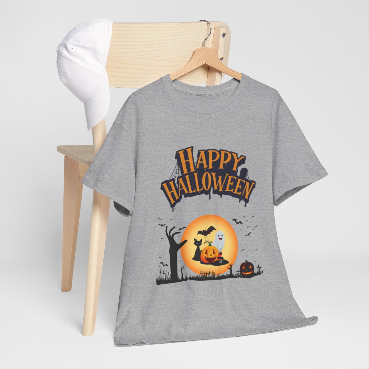 Happy Halloween Pumpkin & Moon T-Shirt – Spooky Unisex Graphic Tee for Trick-or-Trea